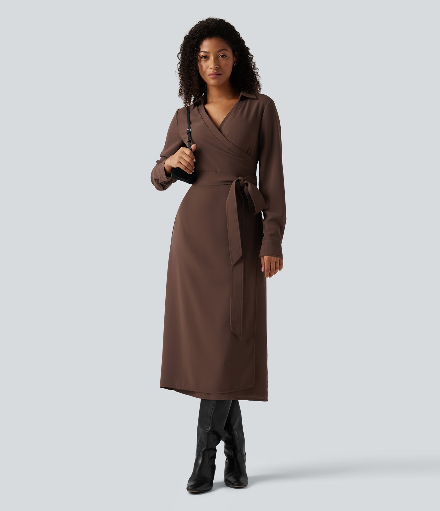 V Neck Long Sleeve Belted Wrapped Midi Work Shirt Dress V Neck Long Sleeve Belted Wrapped Midi Work Shirt Dress