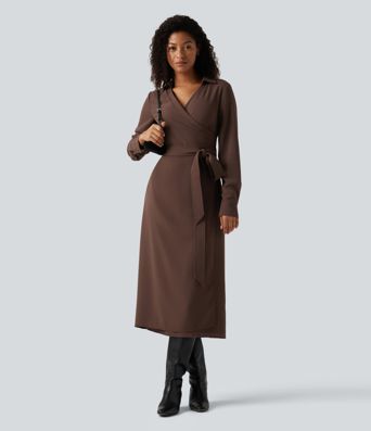 V Neck Long Sleeve Belted Wrapped Midi Work Shirt Dress V Neck Long Sleeve Belted Wrapped Midi Work Shirt Dress