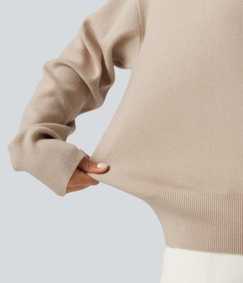 Round Neck Dropped Long Sleeve Color Block Work Sweater