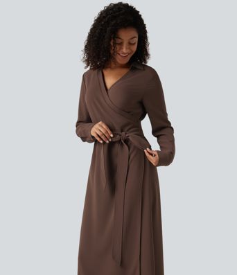 V Neck Long Sleeve Belted Wrapped Midi Work Shirt Dress V Neck Long Sleeve Belted Wrapped Midi Work Shirt Dress
