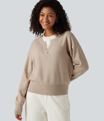 Round Neck Dropped Long Sleeve Color Block Work Sweater