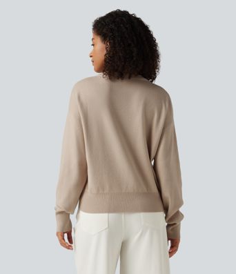 Round Neck Dropped Long Sleeve Color Block Work Sweater
