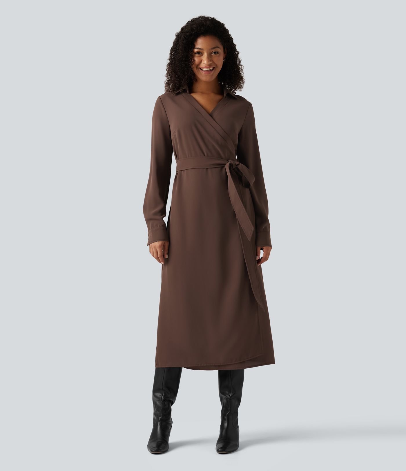 V Neck Long Sleeve Belted Wrapped Midi Work Shirt Dress V Neck Long Sleeve Belted Wrapped Midi Work Shirt Dress