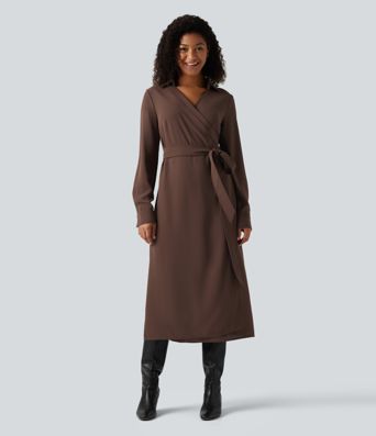 V Neck Long Sleeve Belted Wrapped Midi Work Shirt Dress V Neck Long Sleeve Belted Wrapped Midi Work Shirt Dress