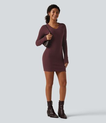 V Neck Long Sleeve Bodycon Mini Casual Dress