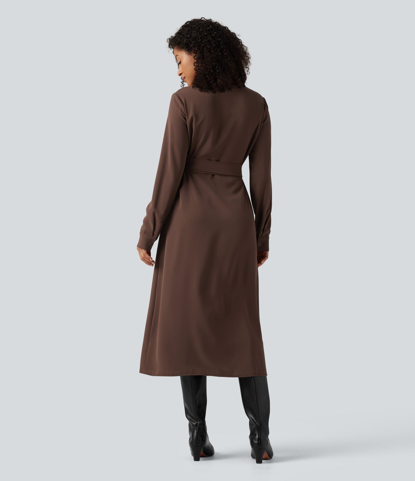 V Neck Long Sleeve Belted Wrapped Midi Work Shirt Dress V Neck Long Sleeve Belted Wrapped Midi Work Shirt Dress
