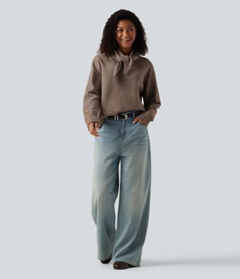 Lässiger Pullover mit Rundhalsausschnitt, langen Ärmeln und passendem Schal Lässiger Pullover mit Rundhalsausschnitt, langen Ärmeln und passendem Schal