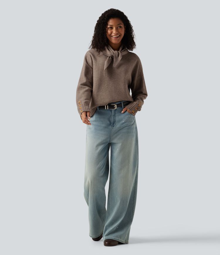 Lässiger Pullover mit Rundhalsausschnitt, langen Ärmeln und passendem Schal Lässiger Pullover mit Rundhalsausschnitt, langen Ärmeln und passendem Schal