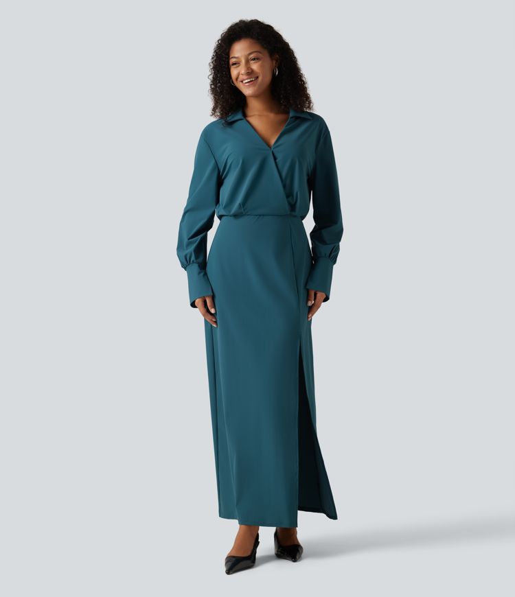 Robe chemise de bureau maxi effet frais InstantCool à manches longues et ourlet fendu