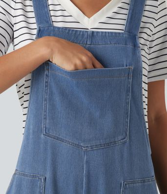 Halara Flex™ salopette décontractée en jean, col en U, sans manches, à jambes ballon, avec poches