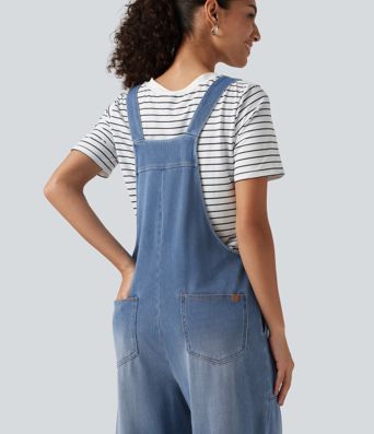 Halara Flex™ salopette décontractée en jean, col en U, sans manches, à jambes ballon, avec poches
