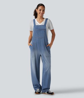 Halara Flex™ salopette décontractée en jean, col en U, sans manches, à jambes ballon, avec poches