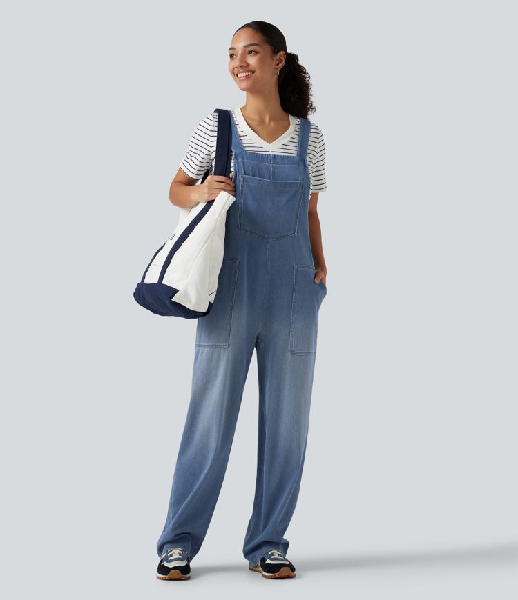 Halara Flex™ salopette décontractée en jean, col en U, sans manches, à jambes ballon, avec poches