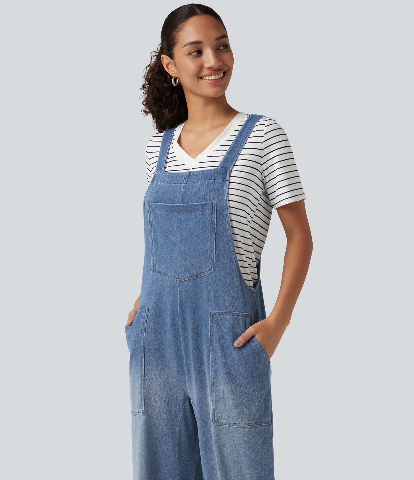 Halara Flex™ salopette décontractée en jean, col en U, sans manches, à jambes ballon, avec poches