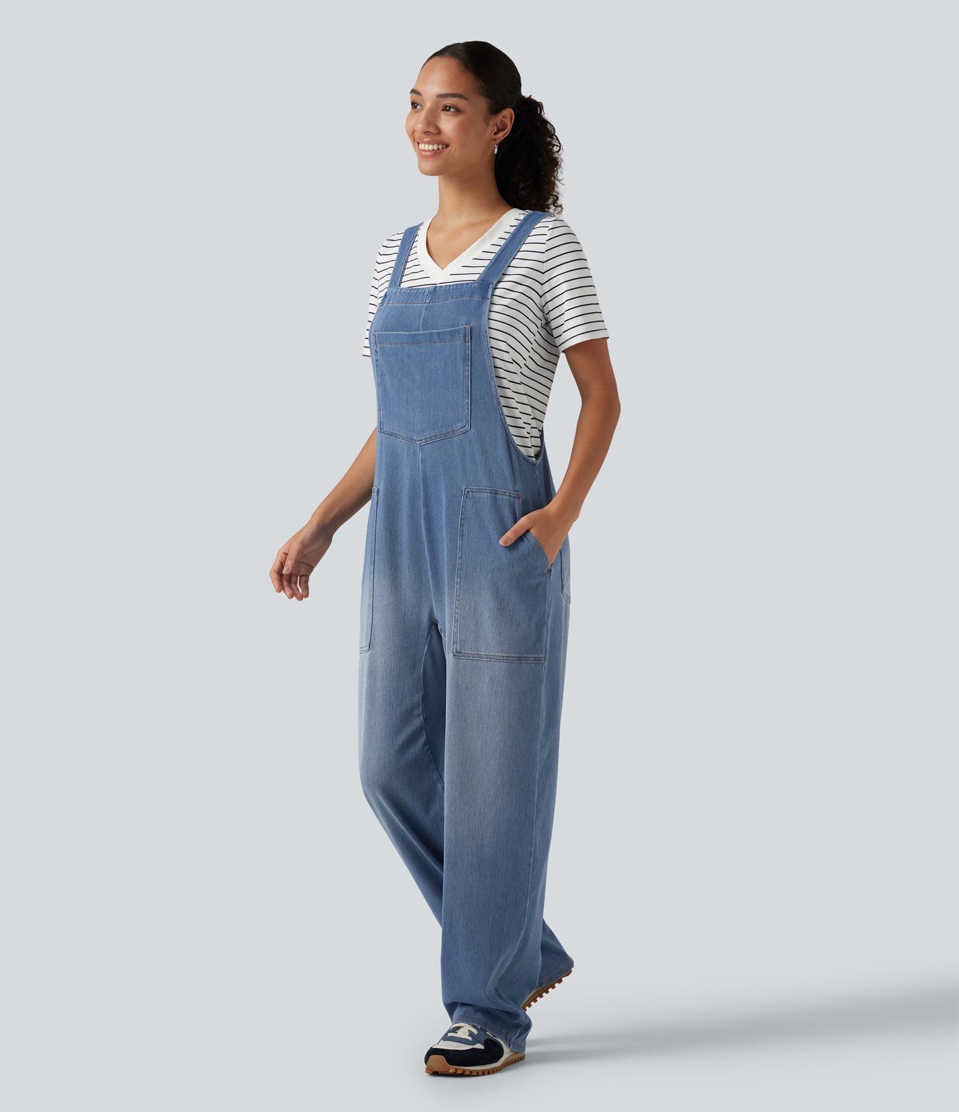 Halara Flex™ salopette décontractée en jean, col en U, sans manches, à jambes ballon, avec poches