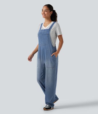Halara Flex™ salopette décontractée en jean, col en U, sans manches, à jambes ballon, avec poches