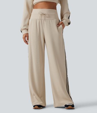 High Waisted Drawstring Wide Leg Side Stripe Waffle Casual Pants with Pockets High Waisted Drawstring Wide Leg Side Stripe Waffle Casual Pants with Pockets