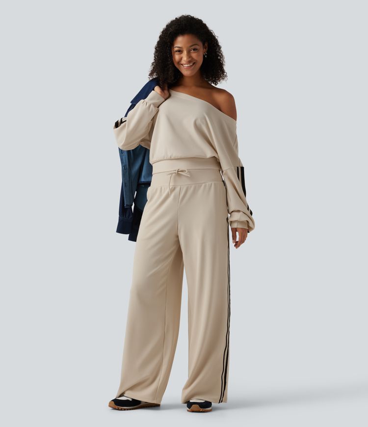 High Waisted Drawstring Wide Leg Side Stripe Waffle Casual Pants with Pockets High Waisted Drawstring Wide Leg Side Stripe Waffle Casual Pants with Pockets