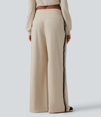 High Waisted Drawstring Wide Leg Side Stripe Waffle Casual Pants with Pockets High Waisted Drawstring Wide Leg Side Stripe Waffle Casual Pants with Pockets