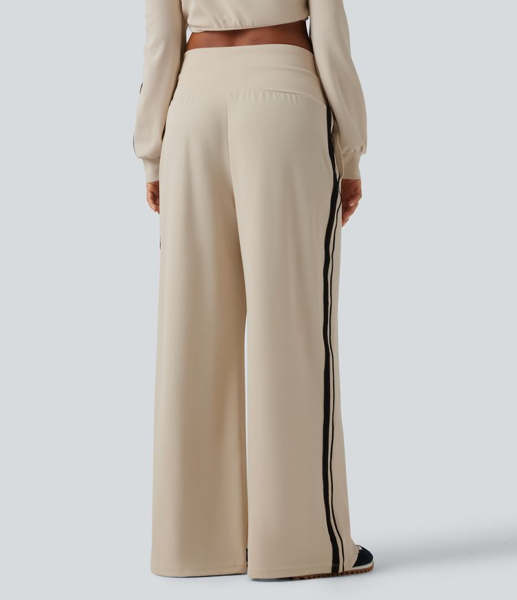 High Waisted Drawstring Wide Leg Side Stripe Waffle Casual Pants with Pockets High Waisted Drawstring Wide Leg Side Stripe Waffle Casual Pants with Pockets