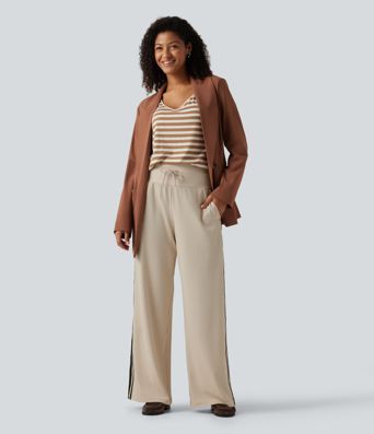 High Waisted Drawstring Wide Leg Side Stripe Waffle Casual Pants with Pockets High Waisted Drawstring Wide Leg Side Stripe Waffle Casual Pants with Pockets