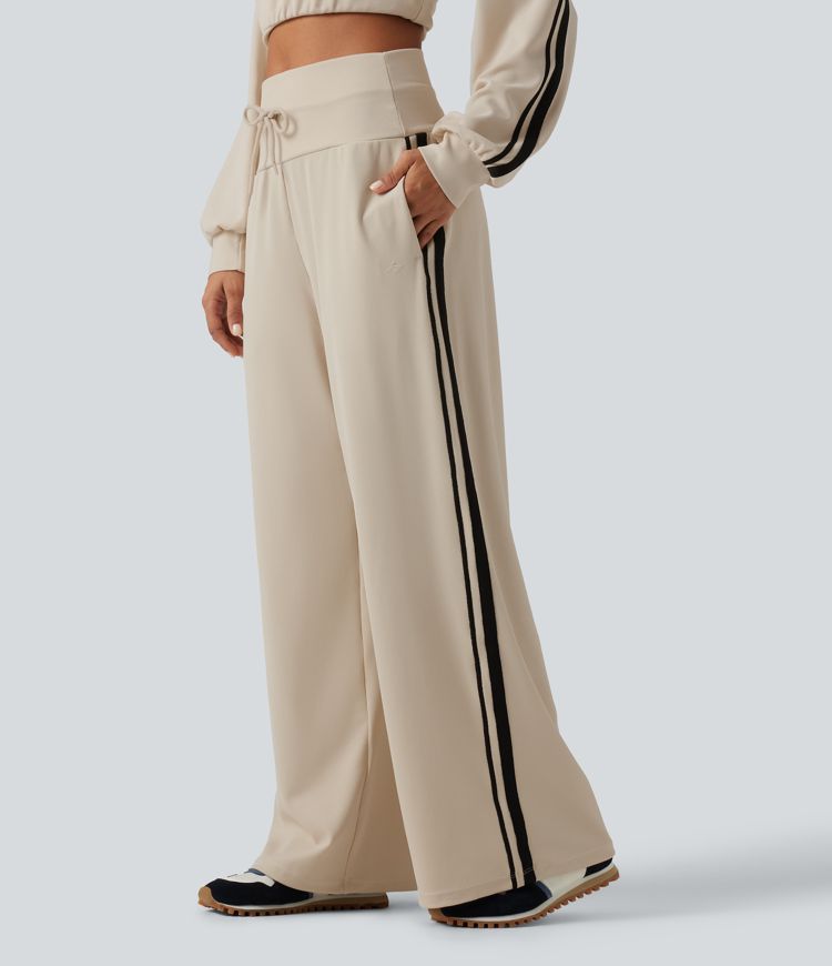 High Waisted Drawstring Wide Leg Side Stripe Waffle Casual Pants with Pockets High Waisted Drawstring Wide Leg Side Stripe Waffle Casual Pants with Pockets