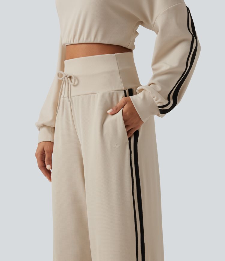 High Waisted Drawstring Wide Leg Side Stripe Waffle Casual Pants with Pockets High Waisted Drawstring Wide Leg Side Stripe Waffle Casual Pants with Pockets