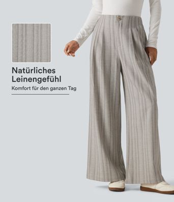 Lässige Baggy-Hose in Leinenoptik mit hohem Bund, Seitentaschen und Streifen Lässige Baggy-Hose in Leinenoptik mit hohem Bund, Seitentaschen und Streifen
