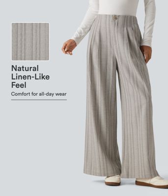 High Waisted Baggy Stripe Casual Linen-Feel Pants with Pockets High Waisted Baggy Stripe Casual Linen-Feel Pants with Pockets