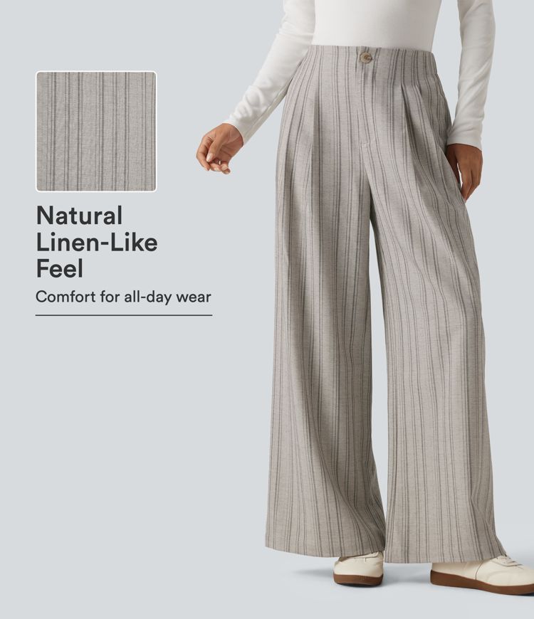 High Waisted Baggy Stripe Casual Linen-Feel Pants with Pockets High Waisted Baggy Stripe Casual Linen-Feel Pants with Pockets