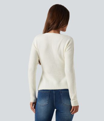 V Neck Long Sleeve Ruffle Hem Slim Casual Sweater