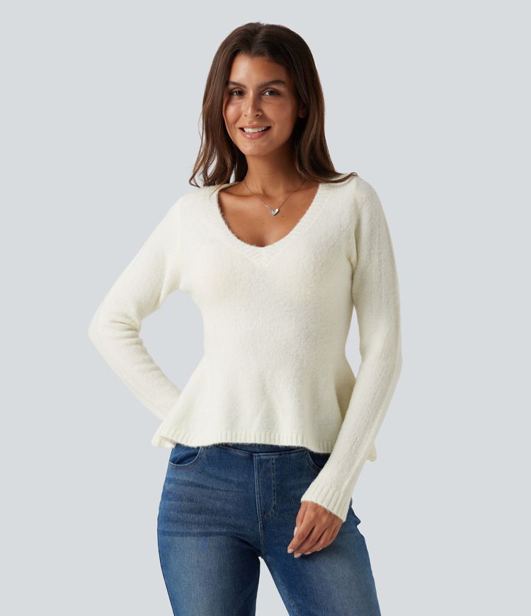 V Neck Long Sleeve Ruffle Hem Slim Casual Sweater