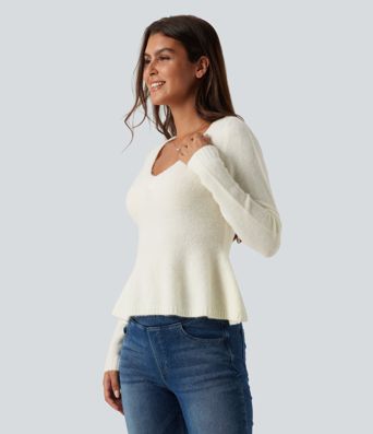 V Neck Long Sleeve Ruffle Hem Slim Casual Sweater