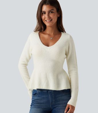 V Neck Long Sleeve Ruffle Hem Slim Casual Sweater