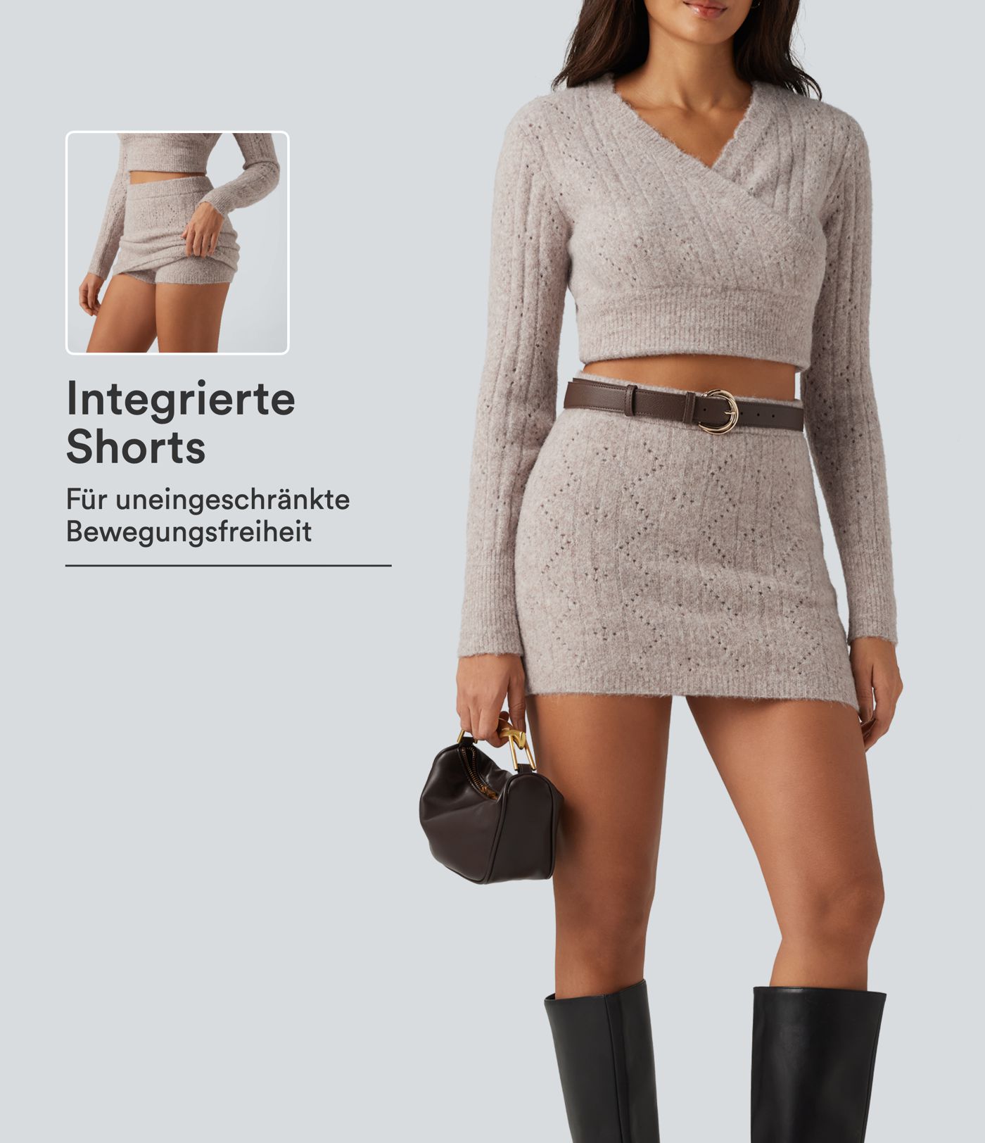 Lässiger 2-in-1 Minirock aus offenem Strick mit hohem Bund Lässiger 2-in-1 Minirock aus offenem Strick mit hohem Bund