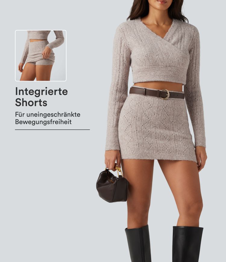Lässiger 2-in-1 Minirock aus offenem Strick mit hohem Bund Lässiger 2-in-1 Minirock aus offenem Strick mit hohem Bund