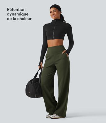 Pantalon de yoga en polaire taille haute gainant coupe droite avec poches Pantalon de yoga en polaire taille haute gainant coupe droite avec poches