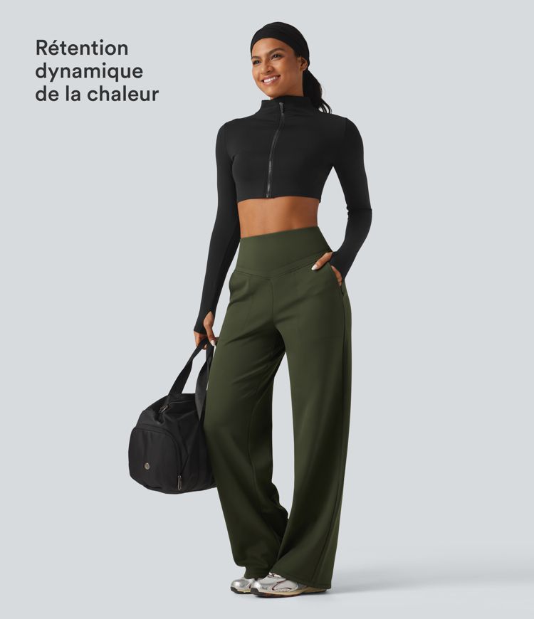 Pantalon de yoga en polaire taille haute gainant coupe droite avec poches Pantalon de yoga en polaire taille haute gainant coupe droite avec poches