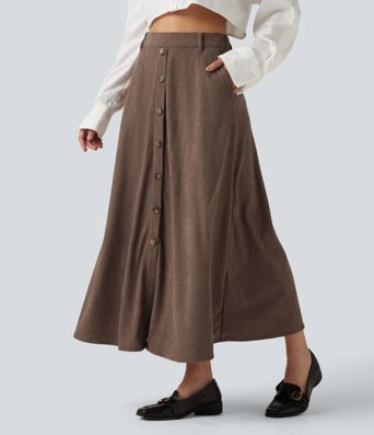 Jupe midi en velours côtelé taille haute coupe trapèze avec poches Jupe midi en velours côtelé taille haute coupe trapèze avec poches
