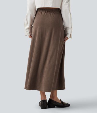Jupe midi en velours côtelé taille haute coupe trapèze avec poches Jupe midi en velours côtelé taille haute coupe trapèze avec poches