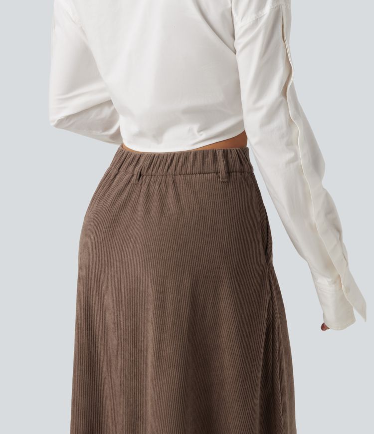 Jupe midi en velours côtelé taille haute coupe trapèze avec poches Jupe midi en velours côtelé taille haute coupe trapèze avec poches