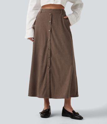 Jupe midi en velours côtelé taille haute coupe trapèze avec poches Jupe midi en velours côtelé taille haute coupe trapèze avec poches