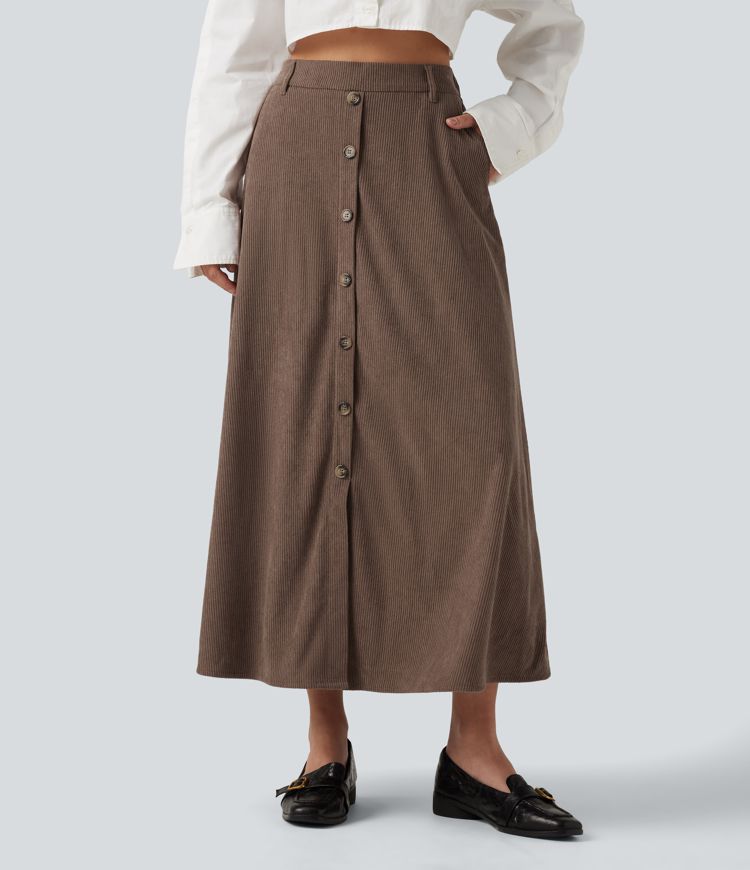 Jupe midi en velours côtelé taille haute coupe trapèze avec poches Jupe midi en velours côtelé taille haute coupe trapèze avec poches