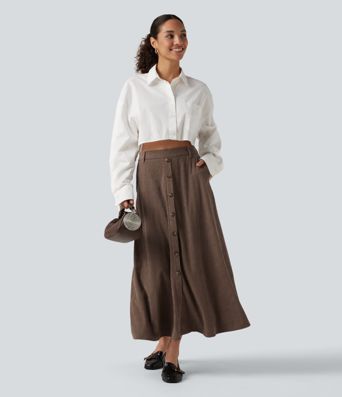 Jupe midi en velours côtelé taille haute coupe trapèze avec poches Jupe midi en velours côtelé taille haute coupe trapèze avec poches