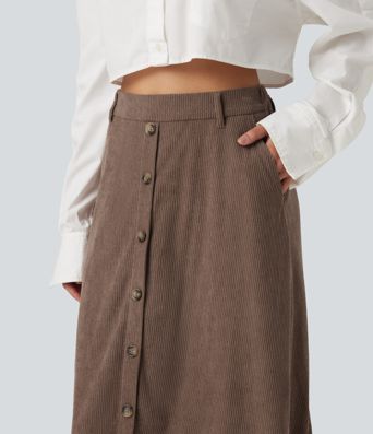 Jupe midi en velours côtelé taille haute coupe trapèze avec poches Jupe midi en velours côtelé taille haute coupe trapèze avec poches