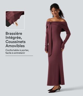 Robe maxi coupe sirène à épaules dénudées, manches longues, fronces et coussinets amovibles Robe maxi coupe sirène à épaules dénudées, manches longues, fronces et coussinets amovibles