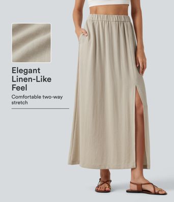 High Waisted Split Hem Maxi Casual Linen-Feel Skirt with Pockets High Waisted Split Hem Maxi Casual Linen-Feel Skirt with Pockets