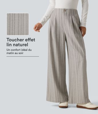 Pantalon effet lin rayé taille haute baggy avec poches