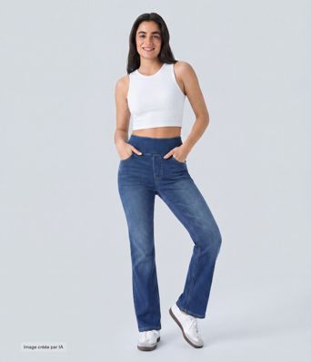 Halara Flex™ Jean bootcut décontracté extensible délavé taille haute à poches multiples
