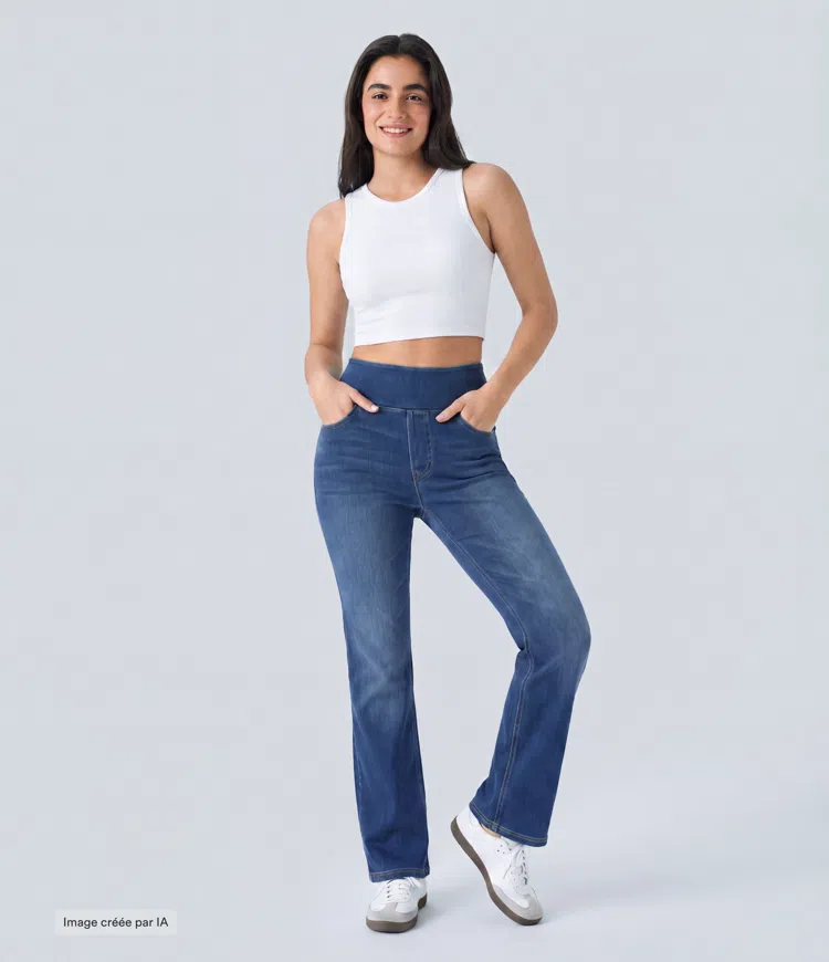 Halara Flex™ Jean bootcut décontracté extensible délavé taille haute à poches multiples
